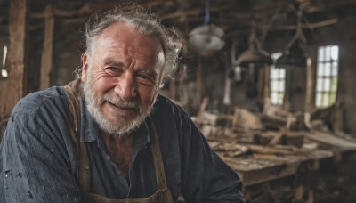 solo,looking at viewer,smile,blue eyes,shirt,1boy,closed mouth,upper body,white hair,grey hair,male focus,collared shirt,indoors,blurry,apron,black shirt,depth of field,blurry background,facial hair,scar,blue shirt,beard,!,realistic,mustache,bald,old,old man,photo background,wrinkled skin,striped,artist name,grin,grey eyes,window,dress shirt,parody,scar on face,manly