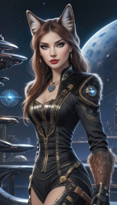 1girl,solo,long hair,breasts,looking at viewer,blue eyes,brown hair,gloves,animal ears,cleavage,brown eyes,jewelry,medium breasts,jacket,tail,cowboy shot,earrings,sky,black gloves,cat ears,necklace,lips,fur trim,fox ears,bodysuit,makeup,night,moon,lipstick,star (sky),night sky,pendant,starry sky,red lips,space,leather,planet,earth (planet),long sleeves,closed mouth,standing,collarbone,artist name,signature,mole,black jacket,animal ear fluff,parted bangs,grey eyes,wolf ears,thick eyebrows,forehead,eyeshadow,zipper,backlighting,freckles,science fiction,realistic,nose,black bodysuit,partially unzipped,spacecraft