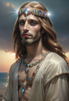 solo,long hair,looking at viewer,blue eyes,blonde hair,brown hair,shirt,1boy,jewelry,closed mouth,collarbone,upper body,male focus,outdoors,open clothes,sky,artist name,cloud,signature,water,necklace,lips,muscular,facial hair,ocean,watermark,scar,beach,sunlight,cloudy sky,pectorals,gem,beard,sunset,robe,circlet,glint,realistic,nose,mustache,sand,sun,manly,chest hair,blue gemstone,red gemstone,blush,crown