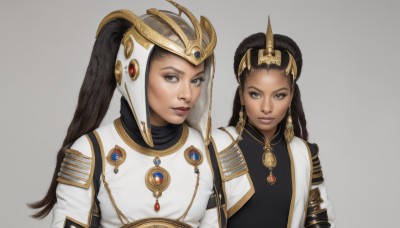 long hair,looking at viewer,multiple girls,simple background,brown hair,black hair,2girls,twintails,brown eyes,jewelry,closed mouth,upper body,braid,dark skin,grey background,armor,dark-skinned female,lips,grey eyes,hair tubes,helmet,gem,gold trim,realistic,hair ornament,white background,earrings,headdress,dreadlocks