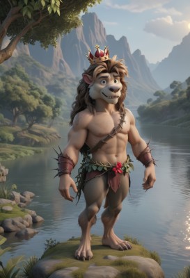 solo,long hair,looking at viewer,smile,blue eyes,brown hair,1boy,navel,animal ears,jewelry,nipples,standing,tail,full body,flower,male focus,outdoors,sky,teeth,day,cloud,water,stomach,bracelet,tree,muscular,abs,sunlight,thick eyebrows,grass,crown,pectorals,plant,sharp teeth,muscular male,nature,bara,claws,furry,forest,toned,topless male,rock,mountain,sun,furry male,body fur,chest hair,loincloth,river,brown fur,cliff,pond,artist name,leaf,watermark,scenery,freckles,reflection,vines,lion ears,lake