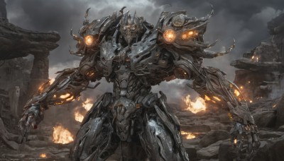 solo,standing,weapon,outdoors,sky,cloud,gun,no humans,glowing,cloudy sky,fire,robot,mecha,glowing eyes,smoke,science fiction,ruins,damaged,realistic