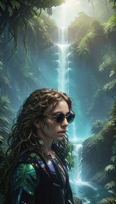 1girl,solo,long hair,blue eyes,brown hair,1boy,jacket,upper body,male focus,outdoors,open clothes,artist name,signature,water,tree,lips,black jacket,leaf,watermark,wavy hair,sunlight,sunglasses,plant,nature,forest,curly hair,light rays,realistic,nose,waterfall,jewelry,closed mouth,closed eyes,day,necklace,from side,scenery,web address,vines,dappled sunlight,moss