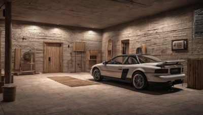 indoors,no humans,window,shadow,ground vehicle,scenery,motor vehicle,door,car,vehicle focus,wheel,tire,clock,brick wall,trash can,sports car