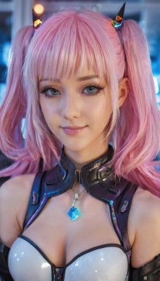 1girl,solo,long hair,breasts,looking at viewer,smile,bangs,blue eyes,hair ornament,cleavage,bare shoulders,twintails,jewelry,medium breasts,closed mouth,upper body,pink hair,artist name,necklace,blurry,two side up,lips,eyelashes,makeup,blurry background,cleavage cutout,pendant,realistic,nose,clothing cutout,gem