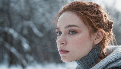 1girl, solo, long hair, looking at viewer, blue eyes, blonde hair, braid, parted lips, scarf, blurry, lips, portrait, snow, realistic, nose, winter