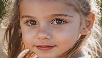 1girl,solo,long hair,looking at viewer,smile,blonde hair,brown hair,brown eyes,closed mouth,white hair,signature,blurry,lips,eyelashes,portrait,close-up,forehead,freckles,realistic,nose,light smile