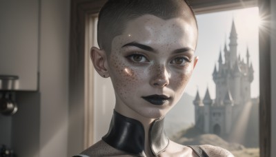 solo,looking at viewer,short hair,black hair,1boy,brown eyes,jewelry,closed mouth,male focus,earrings,indoors,blurry,lips,window,bodysuit,makeup,blurry background,sunlight,lipstick,portrait,freckles,stud earrings,very short hair,undercut,church,black lips,buzz cut,1girl,smile,dirty,castle