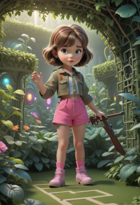 1girl,solo,looking at viewer,smile,short hair,bangs,blue eyes,brown hair,shirt,holding,closed mouth,standing,jacket,full body,weapon,flower,hairband,boots,outdoors,parted lips,open clothes,shoes,shorts,day,socks,collared shirt,holding weapon,open jacket,tree,lips,gun,grey eyes,short shorts,buttons,leaf,sunlight,thick eyebrows,plant,sneakers,child,holding gun,nature,rifle,sleeves rolled up,forest,pink footwear,female child,shotgun,pink shorts,high-waist shorts,pink socks,brown eyes,black eyes,vest,pink hairband