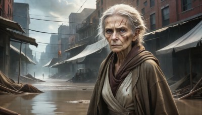 HQ,1girl,short hair,blue eyes,multiple girls,1boy,closed mouth,upper body,white hair,grey hair,outdoors,sky,day,cloud,water,blood,scar,cloudy sky,ground vehicle,building,motor vehicle,reflection,rain,injury,city,realistic,car,watercraft,old,bridge,power lines,old man,boat,old woman,solo,looking at viewer,scarf,lips,blood on face,sign,road,street,wrinkled skin