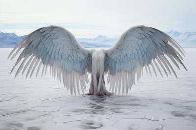 PREMIUM,solo,standing,outdoors,wings,sky,day,cloud,blue sky,no humans,scenery,feathered wings,snow,1other,angel wings,mountain,white wings,multiple wings,spread wings,1boy,male focus,nude,from behind,angel,facing away