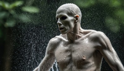 solo,1boy,nipples,upper body,white hair,male focus,nude,water,blurry,wet,muscular,parody,pectorals,realistic,bald,mask,topless male