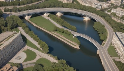 outdoors,day,water,tree,no humans,bird,from above,building,nature,scenery,city,road,watercraft,bridge,river,boat,grass,ground vehicle,motor vehicle,forest,car,bush,ruins