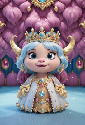 1girl,solo,looking at viewer,smile,short hair,open mouth,blue eyes,dress,jewelry,blue hair,standing,full body,horns,chibi,lips,eyelashes,sparkle,makeup,tiara,crown,gem,long hair,pink hair,purple hair,multicolored hair,earrings,parted lips,artist name