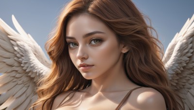 1girl,solo,long hair,looking at viewer,simple background,brown hair,bare shoulders,brown eyes,closed mouth,collarbone,upper body,wings,lips,eyelashes,blue background,wavy hair,portrait,feathered wings,angel wings,realistic,nose,white wings,angel,jewelry,earrings,parted lips,sky,day,blue sky,sunlight,thick eyebrows