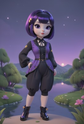 1girl,solo,breasts,looking at viewer,smile,short hair,bangs,shirt,hair ornament,long sleeves,ribbon,closed mouth,standing,purple eyes,full body,purple hair,flower,hairband,small breasts,boots,outdoors,sky,shoes,choker,puffy sleeves,pants,artist name,water,star (symbol),black footwear,vest,tree,lips,hand on hip,black shirt,black ribbon,neck ribbon,makeup,night,black pants,moon,grass,star (sky),nature,night sky,cross-laced footwear,starry sky,red lips,ankle boots,lake,lily pad,pond,black hair,dress,bow,shorts,hand in pocket,female child