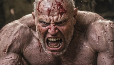 solo,looking at viewer,open mouth,1boy,upper body,white hair,male focus,teeth,blurry,blood,muscular,facial hair,muscular male,angry,beard,topless male,injury,blood on face,realistic,mustache,bald,manly,old,chest hair,old man,black eyes,thick eyebrows,veins