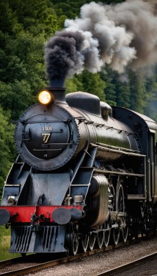 outdoors,multiple boys,sky,day,cloud,uniform,tree,military,ground vehicle,nature,motor vehicle,forest,smoke,6+boys,realistic,aircraft,military vehicle,airplane,vehicle focus,train,world war ii,railroad tracks,no humans,science fiction,tank