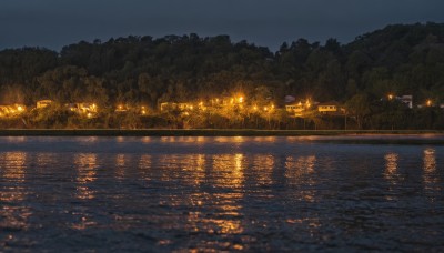 outdoors,sky,water,tree,no humans,night,building,star (sky),nature,night sky,scenery,forest,reflection,road,bridge,lamppost,river,lake,city lights,ground vehicle,motor vehicle,dark,boat,lights,fireflies,reflective water