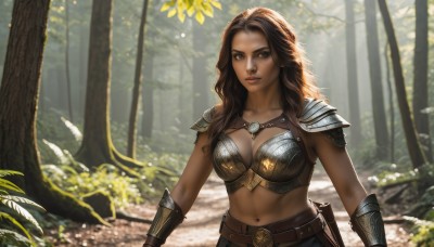 1girl,solo,long hair,breasts,looking at viewer,large breasts,brown hair,navel,cleavage,brown eyes,medium breasts,closed mouth,upper body,weapon,outdoors,day,midriff,belt,sword,dark skin,armor,blurry,dark-skinned female,tree,lips,blurry background,leaf,wavy hair,abs,shoulder armor,sheath,nature,forest,toned,pauldrons,realistic,nose,arms at sides,vambraces,bracer,bikini armor,standing,collarbone,stomach,looking to the side,makeup,sunlight,plant,buckle,backlighting,breastplate