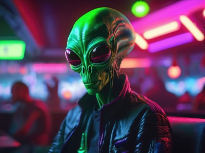 solo,looking at viewer,1boy,jacket,upper body,male focus,blurry,black jacket,blurry background,colored skin,sunglasses,green skin,alien,cyberpunk,neon lights,solo focus,vest,open jacket,mask,depth of field,helmet,zipper,realistic,leather,leather jacket