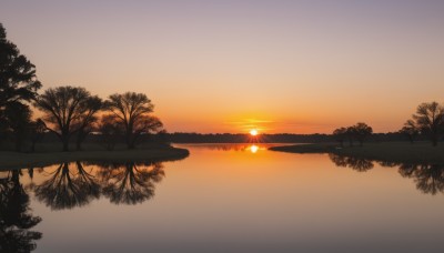 outdoors,sky,cloud,water,tree,no humans,nature,scenery,forest,reflection,sunset,sun,horizon,river,landscape,lake,orange sky,plant,lens flare,twilight,gradient sky,reflective water,yellow sky