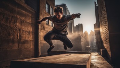 solo,short hair,open mouth,shirt,black hair,1boy,male focus,outdoors,shoes,pants,black footwear,hoodie,black pants,building,jumping,city,realistic,gloves,sky,black shirt,window,facial hair,outstretched arms,t-shirt,road,cityscape,street