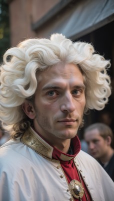 looking at viewer,blue eyes,blonde hair,1boy,jewelry,closed mouth,upper body,white hair,male focus,multiple boys,solo focus,2boys,necklace,blurry,black eyes,lips,depth of field,blurry background,facial hair,brooch,portrait,curly hair,realistic,nose,old,old man,afro,solo,outdoors,grey eyes,gem,beard