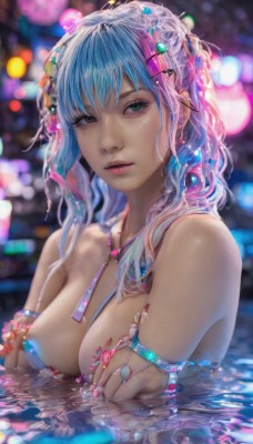 1girl,solo,long hair,breasts,looking at viewer,bangs,large breasts,hair ornament,cleavage,bare shoulders,jewelry,medium breasts,closed mouth,nipples,blue hair,swimsuit,upper body,pink hair,bikini,multicolored hair,earrings,hairclip,water,necklace,nail polish,blurry,bracelet,lips,wet,grey eyes,makeup,depth of field,blurry background,piercing,ring,eyeshadow,partially submerged,freckles,nose,pool,blue eyes,nude,outdoors,parted lips,artist name,fingernails,eyelashes,watermark,web address,pink nails,armlet,realistic,wet hair,bokeh