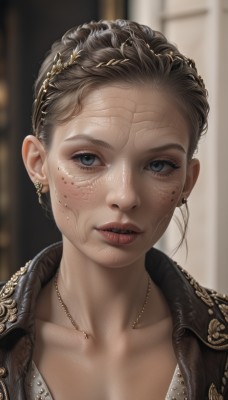 1girl,solo,breasts,looking at viewer,short hair,blue eyes,brown hair,hair ornament,cleavage,jewelry,collarbone,jacket,earrings,parted lips,teeth,necklace,hair bun,mole,blurry,lips,grey eyes,eyelashes,blurry background,portrait,freckles,realistic,hair pulled back,black hair,braid,artist name,scar,gold trim,nose,gold