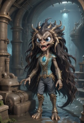 1girl,solo,long hair,open mouth,blue eyes,brown hair,black hair,1boy,jewelry,very long hair,standing,full body,male focus,boots,horns,teeth,pants,artist name,water,armor,fangs,sharp teeth,monster girl,gem,claws,furry,fantasy,pillar,vest,fingernails,colored skin,blue shirt,stairs,scales