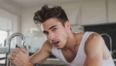 solo,looking at viewer,short hair,open mouth,blue eyes,brown hair,shirt,black hair,1boy,jewelry,white shirt,upper body,male focus,parted lips,teeth,sleeveless,indoors,necklace,blurry,sleeveless shirt,blurry background,facial hair,tank top,beard,meme,watch,realistic,stubble,white tank top,chest hair,arm hair,sink,faucet,brown eyes,wristwatch,undercut