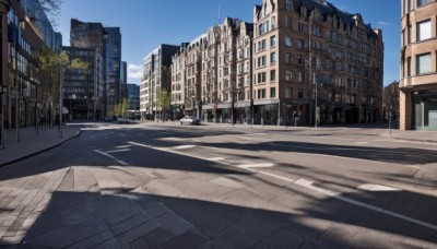 outdoors,sky,day,cloud,tree,blue sky,no humans,window,shadow,ground vehicle,building,scenery,motor vehicle,city,sign,car,road,cityscape,lamppost,street,skyscraper,road sign,traffic light,crosswalk,real world location,sidewalk,vanishing point