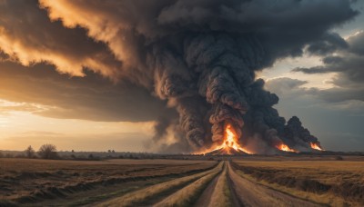 outdoors,sky,cloud,tree,no humans,cloudy sky,grass,fire,nature,scenery,smoke,sunset,monster,mountain,landscape,burning,molten rock,weapon,sword