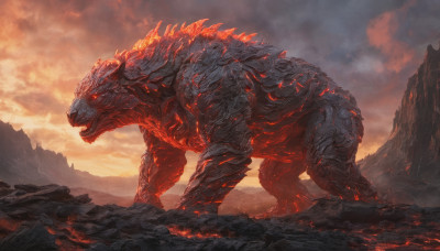 solo, open mouth, red eyes, tail, outdoors, sky, teeth, cloud, no humans, glowing, cloudy sky, sharp teeth, glowing eyes, spikes, monster, mountain, scales, molten rock, kaijuu