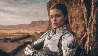 1girl,solo,looking at viewer,short hair,blue eyes,brown hair,black hair,upper body,outdoors,sky,cloud,dark skin,armor,dark-skinned female,lips,shoulder armor,science fiction,breastplate,realistic,power armor,long hair,closed mouth,blurry background,expressionless,cloudy sky,nose,mechanical arms,cyborg,very dark skin,desert,dreadlocks