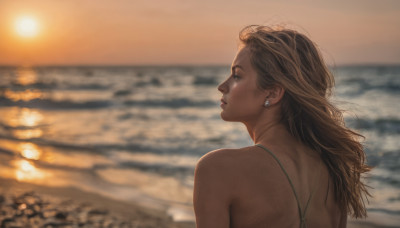 1girl, solo, long hair, brown hair, jewelry, swimsuit, upper body, bikini, earrings, outdoors, water, from behind, blurry, profile, depth of field, blurry background, ocean, beach, freckles, sunset, realistic, sun, looking afar