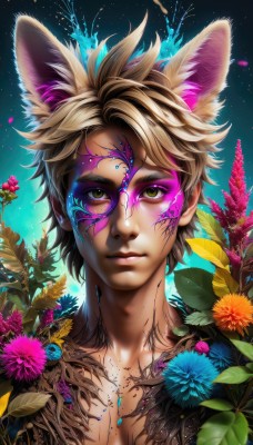 solo,looking at viewer,short hair,blonde hair,brown hair,1boy,animal ears,brown eyes,closed mouth,collarbone,yellow eyes,upper body,flower,male focus,cat ears,lips,fox ears,eyelashes,makeup,leaf,facial mark,plant,portrait,extra ears,pink flower,topless male,nose,green eyes,artist name,tattoo,watermark,star (sky),web address,freckles,realistic,bodypaint,paint splatter,paint