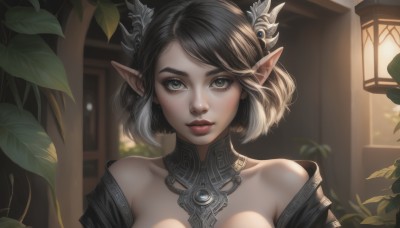 1girl,solo,breasts,looking at viewer,short hair,bangs,brown hair,black hair,hair ornament,bare shoulders,brown eyes,jewelry,collarbone,upper body,parted lips,pointy ears,indoors,off shoulder,mole,lips,mole under eye,makeup,detached collar,leaf,plant,elf,portrait,lantern,nose,red lips,closed mouth,earrings,eyelashes,swept bangs,realistic,mascara