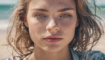 1girl, solo, looking at viewer, short hair, brown hair, shirt, brown eyes, closed mouth, mole, blurry, lips, eyelashes, depth of field, blurry background, portrait, mole under mouth, close-up, freckles, striped shirt, realistic, mole on cheek