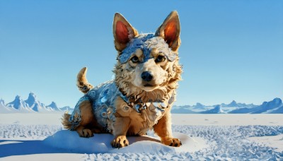 HQ,solo,looking at viewer,blue eyes,full body,outdoors,sky,day,blue sky,no humans,animal,scenery,snow,dog,mountain,animal focus,mountainous horizon,field