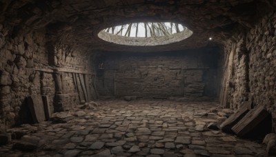 monochrome,indoors,no humans,window,sunlight,scenery,stairs,fantasy,ruins,pillar,arch,column,rock,door,light,wall,torch,cave,stone,stone floor,stone wall