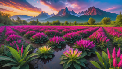 flower, outdoors, sky, cloud, tree, no humans, cloudy sky, grass, nature, scenery, pink flower, sunset, mountain, field, landscape, mountainous horizon