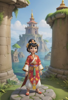 1girl,solo,looking at viewer,smile,short hair,open mouth,bangs,black hair,hair ornament,long sleeves,brown eyes,jewelry,standing,full body,:d,earrings,outdoors,sky,teeth,day,pants,cloud,blunt bangs,water,hair bun,black eyes,tree,blue sky,sash,chinese clothes,sandals,single hair bun,grass,plant,child,scenery,rock,mountain,female child,architecture,pillar,castle,moss,traditional clothes,flower,hair flower,wide sleeves,upper teeth only,robe,wide shot,cliff