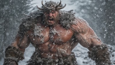 solo,short hair,open mouth,1boy,navel,nipples,upper body,male focus,outdoors,horns,teeth,fur trim,tattoo,muscular,facial hair,fangs,scar,abs,pectorals,muscular male,christmas,bara,beard,scar on face,snow,large pectorals,veins,topless male,snowing,mature male,antlers,bare pectorals,chest hair,biceps,reindeer antlers,hairy,tusks,looking at viewer,animal ears,dark skin,stomach,blood,dark-skinned male,thick eyebrows,angry,scar across eye,fake horns,manly,shouting,scar on chest,arm hair