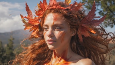 1girl,solo,long hair,looking at viewer,brown hair,hair ornament,bare shoulders,brown eyes,collarbone,outdoors,parted lips,sky,day,cloud,blurry,tree,blue sky,lips,grey eyes,eyelashes,depth of field,blurry background,leaf,feathers,portrait,realistic,nose,facepaint,floating hair,facial mark,looking away,cloudy sky,wind,nature,mountain,autumn leaves,feather hair ornament,autumn