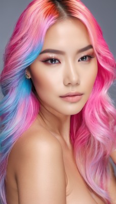 1girl,solo,long hair,breasts,looking at viewer,smile,blue eyes,simple background,jewelry,medium breasts,closed mouth,blue hair,upper body,pink hair,nude,multicolored hair,earrings,grey background,black eyes,two-tone hair,lips,gradient,gradient background,eyelashes,gradient hair,makeup,piercing,ear piercing,eyeshadow,realistic,nose,mascara,cleavage,bare shoulders,artist name,grey eyes,wavy hair,portrait