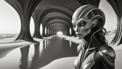 1girl,solo,long hair,breasts,closed mouth,monochrome,upper body,greyscale,water,armor,lips,helmet,reflection,science fiction,realistic,nose,alien,looking at viewer,medium breasts,colored skin,tentacles