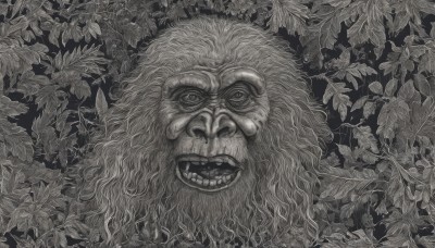 solo,looking at viewer,smile,open mouth,1boy,monochrome,greyscale,male focus,teeth,no humans,facial hair,leaf,traditional media,portrait,beard,horror (theme),plant,realistic,old,old man