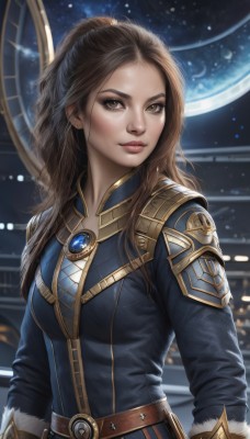 1girl,solo,long hair,breasts,looking at viewer,brown hair,gloves,long sleeves,brown eyes,jewelry,medium breasts,closed mouth,upper body,ponytail,belt,signature,armor,lips,fur trim,brooch,star (sky),realistic,nose,space,planet,earth (planet),makeup